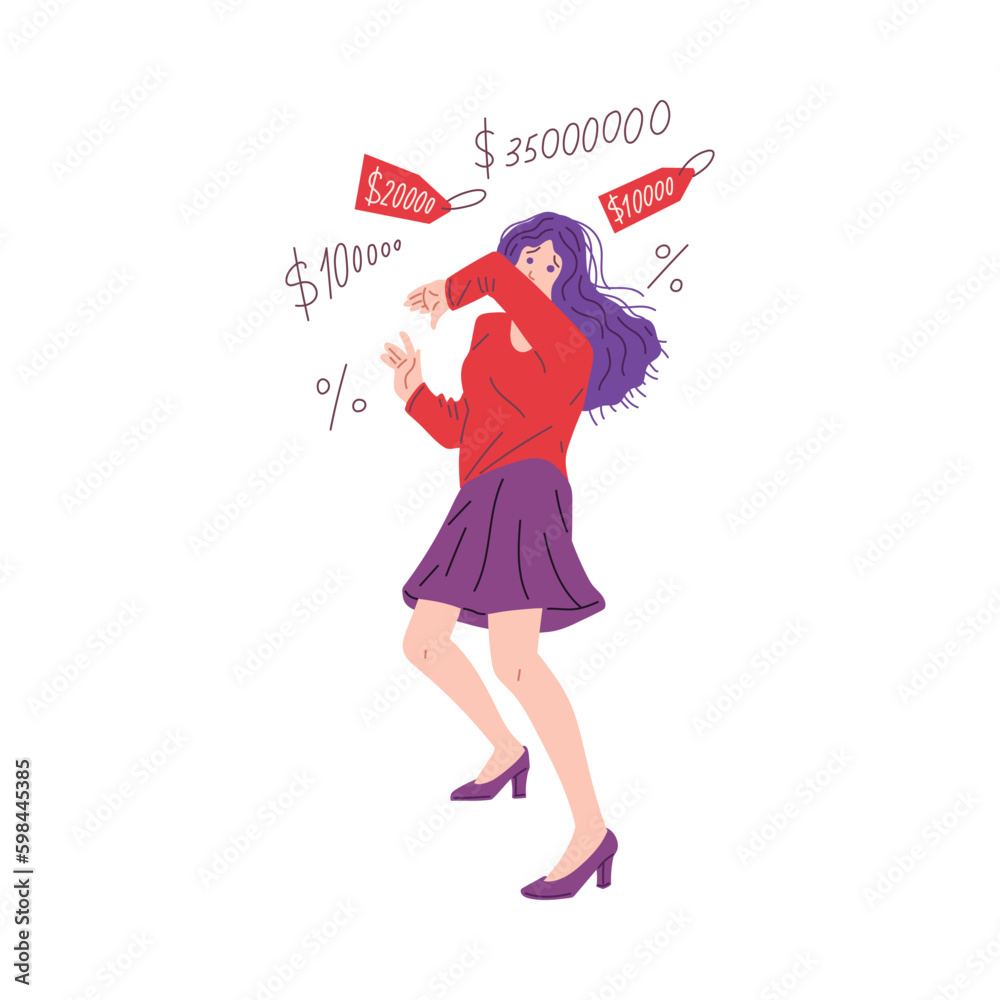 Woman in panic from rising prices and inflation vector illustration isolated. Woman in panic from rising prices and inflation vector illustration isolated.