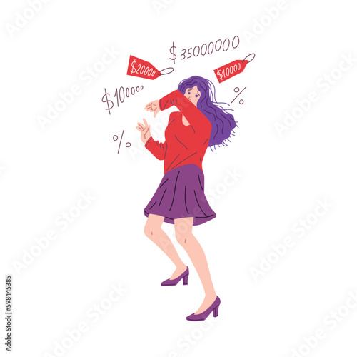 Woman in panic from rising prices and inflation vector illustration isolated.