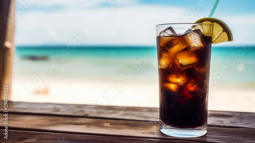 Cuba Libre cocktail on background with blue sea and sky tropical background. Generative AI