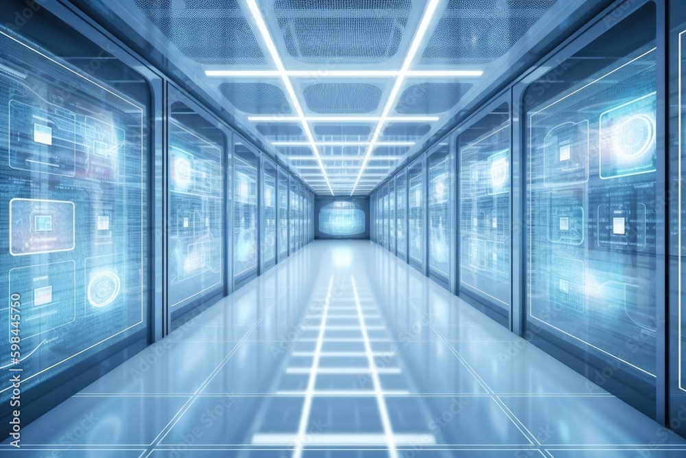 futuristic hallway with neon blue lights. Generative AI futuristic hallway with neon blue lights. Generative AI