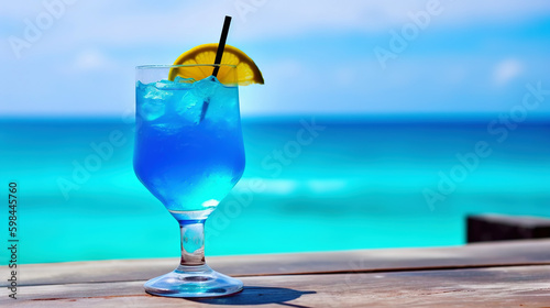 Blue Hawaiian cocktail on background with blue sea and sky tropical background. Generative AI