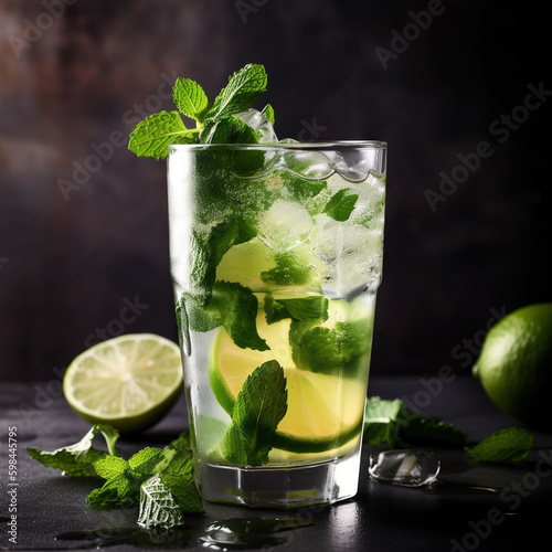 Mojito cocktail with lime and mint, on a dark background. Generative ai and digital editing.