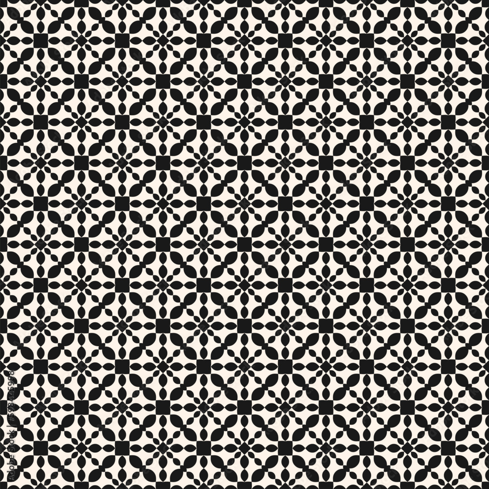 Vector ornamental seamless pattern. Simple black and white floral ornament with small curved shapes, grid, lattice, mesh, flower silhouettes, tiles. Elegant monochrome background. Repeat geo design