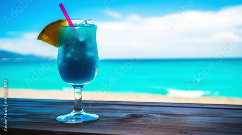 Blue Jamaica cocktail on background with blue sea and sky tropical background. Generative AI