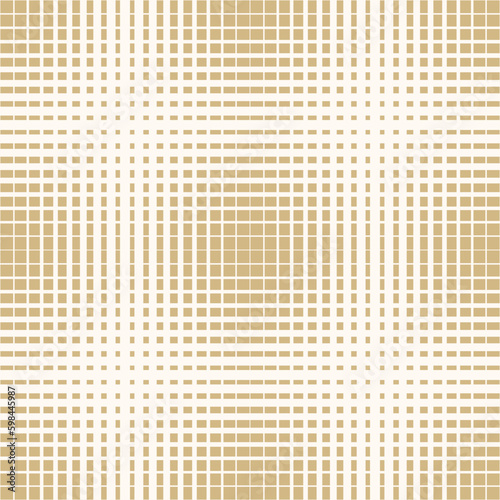 Halftone seamless pattern. Vector geometric half-tone background with lines, squares, grid. Gold and white radial gradient transition effect texture. Modern abstract golden design. Repetitive pattern