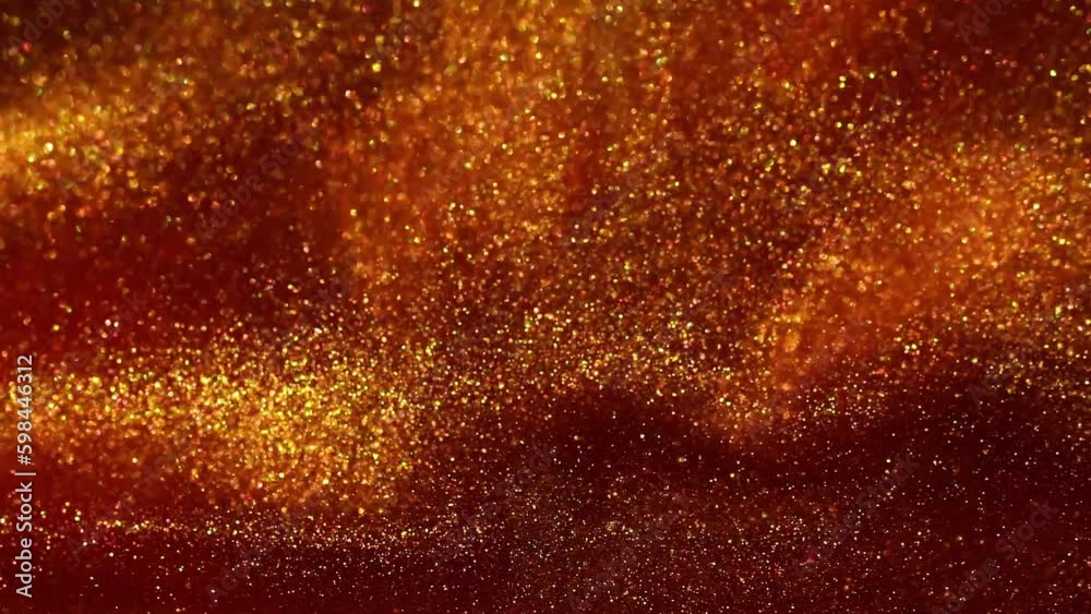 Falling and mixing Gold Particles in Red Liquid. Gold dust particles floating in red liquid. Beautiful shiny moving background. Generative AI Falling and mixing Gold Particles in Red Liquid. Gold dust particles floating in red liquid. Beautiful shiny moving background. Generative AI