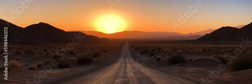 Road to horizon in desert landscape on sunset. Travel concept. Generative AI