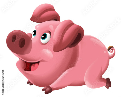 Cartoon happy pig is standing looking and smiling on white background illustration for children artistic painting scene