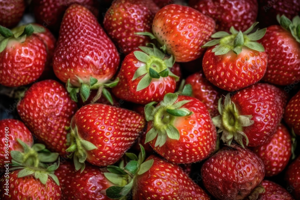 close-up view of ripe, juicy strawberries. Generative AI close-up view of ripe, juicy strawberries. Generative AI