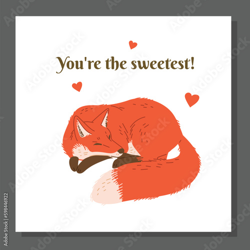 Postcard with lovely text or love confession and fox, flat vector illustration.