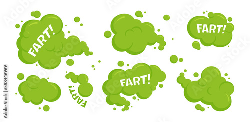 Fart cloud icon  bad smell smoke set  dirty odor  green toxic gas  cartoon stink odour isolated on white background. Aroma vector illustration