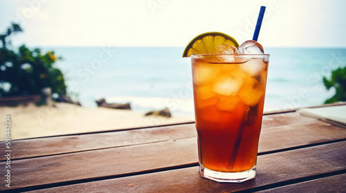 Long Island Iced Tea cocktail on background with blue sea and sky tropical background. Generative AI