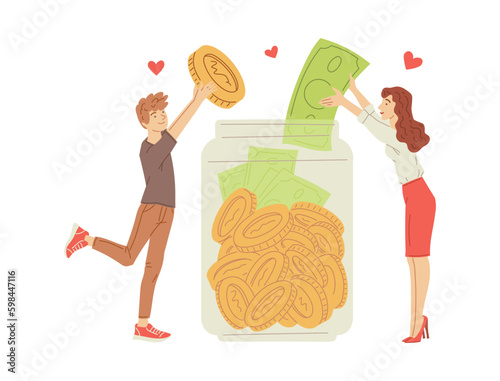 Happy man and woman put banknotes and coins in big glass jar flat style