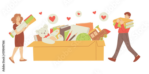 Smiling man and woman put toys and books in huge box flat style