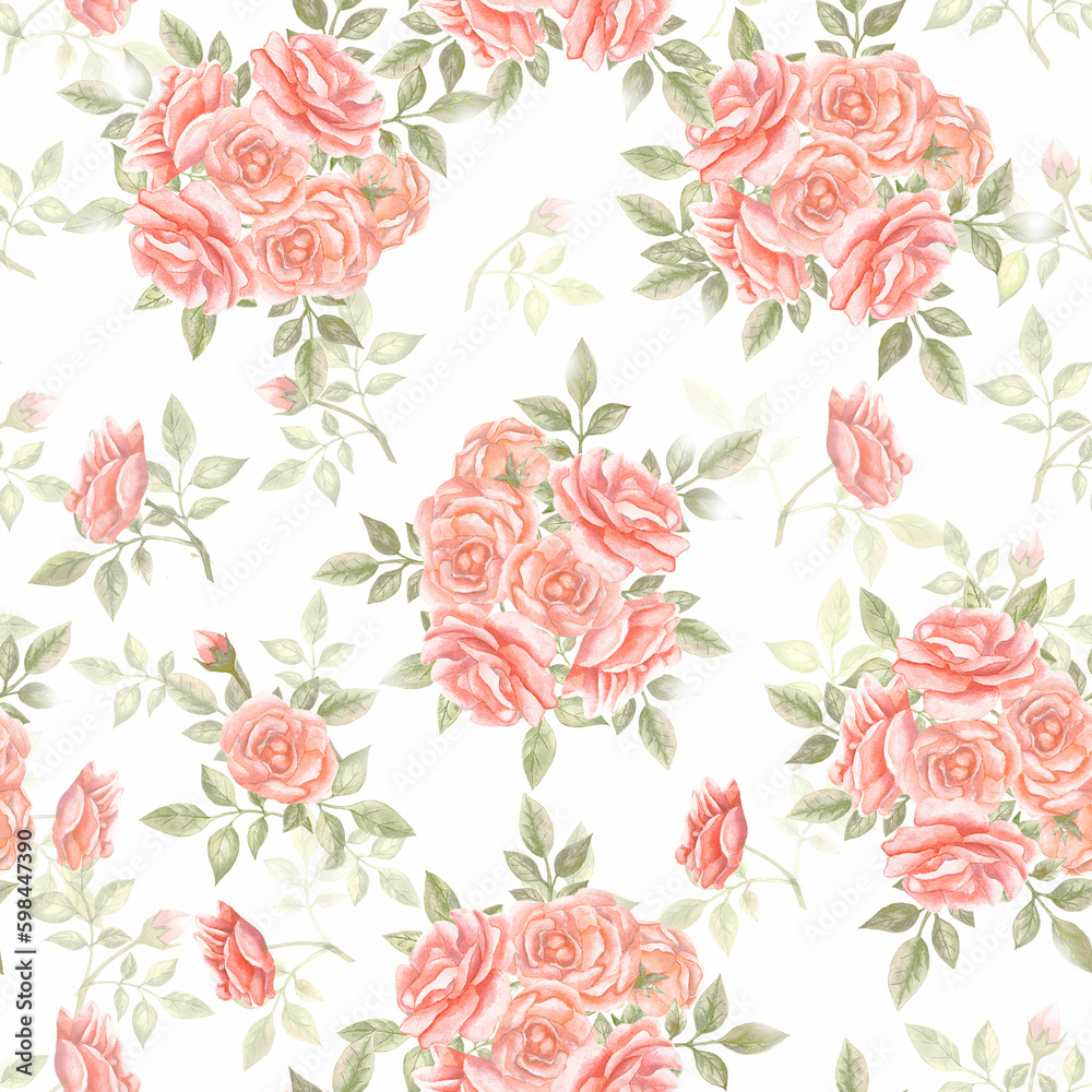 Seamless pattern with flowers. Floral pattern. Background with rose roses. Packaging illustration with roses. Wedding flowers. Seamless pattern with flowers. Floral pattern. Background with rose roses. Packaging illustration with roses. Wedding flowers.