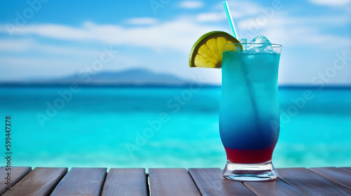 Blue Jamaica cocktail on background with blue sea and sky tropical background. Generative AI