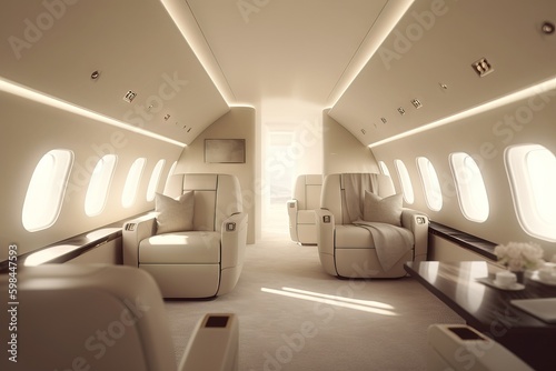 inside of a modern private jet with beige interior