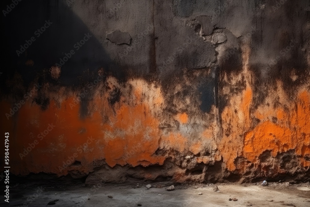 an old orange and black wall with peeling paint. Generative AI