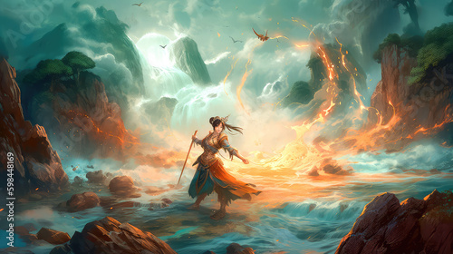 Chinese hero on the battlefield with a sword, amazing epic Chinese ancient theme, fantasy and water ink style, anime illustration. Generative AI