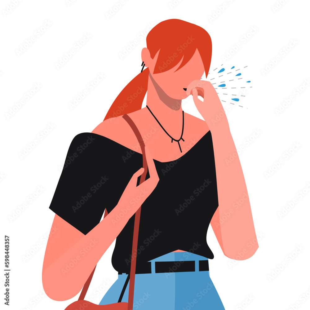 Beautiful young woman in casual clothes feeling unwell and coughing as symptom for cold or bronchitis. Medicine and Healthcare concept. Flat vector illustration isolated on white background. Beautiful young woman in casual clothes feeling unwell and coughing as symptom for cold or bronchitis. Medicine and Healthcare concept. Flat vector illustration isolated on white background.