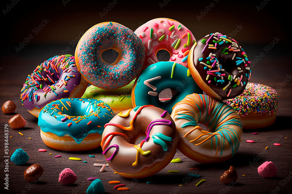 Assorted doughnuts with chocolate frosted, pink glazed and sprinkles donuts. Generative AI. Delicious donuts with bright glaze on dark background. National Donut Day or Fat Thursday Assorted doughnuts with chocolate frosted, pink glazed and sprinkles donuts. Generative AI. Delicious donuts with bright glaze on dark background. National Donut Day or Fat Thursday