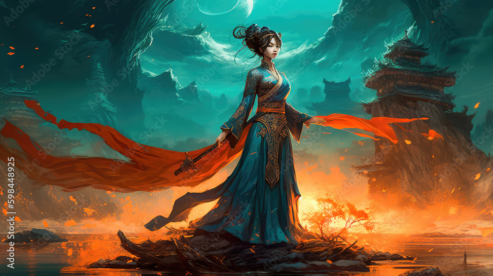 Chinese hero on the battlefield with a sword, amazing epic Chinese ancient theme, fantasy and water ink style, anime illustration. Generative AI