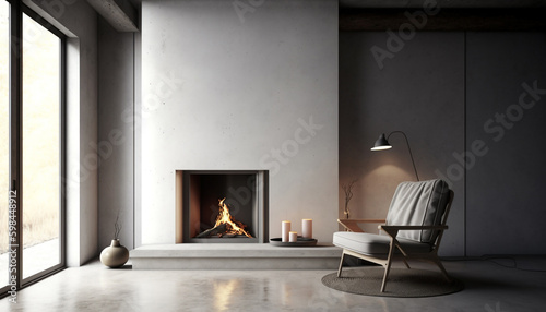 Modern living room interior with modern fireplace, armchair and gray concrete wall. Interior mockup, Generative AI photo