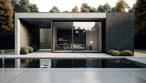 Minimalistic villa exterior with panoramic window and swimming pool, Generative AI