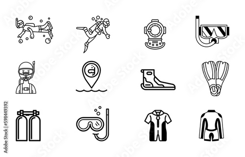 Scuba diving icon set. Included the icons as underwater, scuba diver, mask, fins, regulator, wetsuit and more.