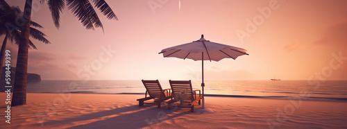 Two beach chair and umbrella on beautiful beach on sunset. Travel paradise concept. Generative AI