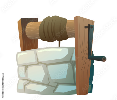 Stone well with wooden crossbar and rope for bucket. Rural water source. Cartoon fun style. Flat design. Isolated on white background. Vector Generative AI