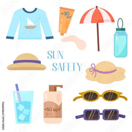 Sun protection set. Hand-drawn illustration of sun safety tips, creme and lotion, water bottle, sunglasses and hats. Vector isolated elements on white background.