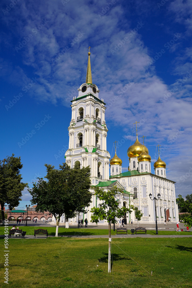 Tula, Russia - July 19, 2022. Assumption Cathedral and the bell tower on the territory of the Tula Kremlin. Built 1762