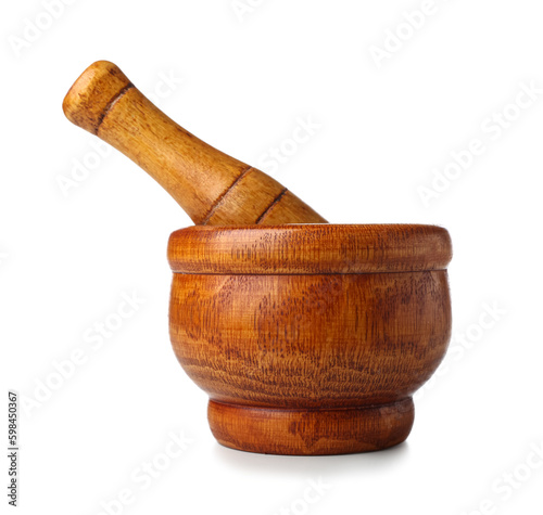 Wooden mortar and pestle isolated on white background