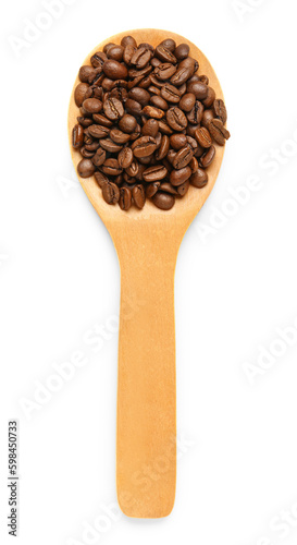 Wooden spoon with coffee beans isolated on white background