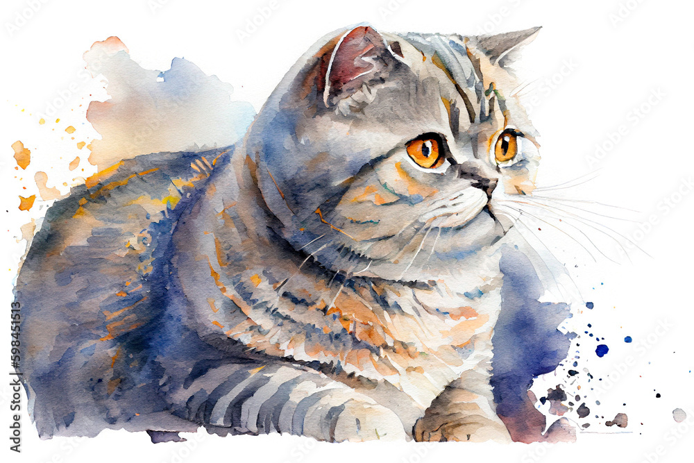 British shorthair kitten with copper eyes. Watercolor realistic ...