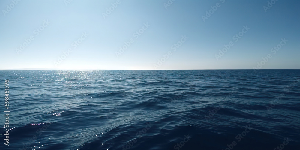 Fototapeta premium Panorama landscape of empty blue sea and sky blue background. Generative AI