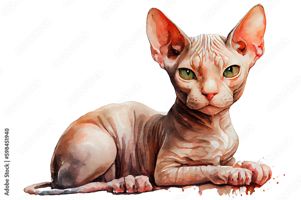Cute Sphynx kitten with green eyes. Watercolor realistic illustration on a white background. Pet animals images. Generative AI.