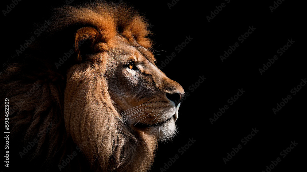 Portrait of a lion on a black background. Generative AI