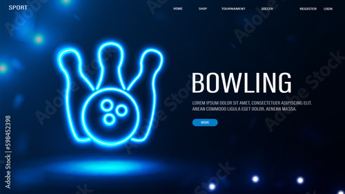 A web banner with a neon bowling pins and a bowling balll on a blue background.