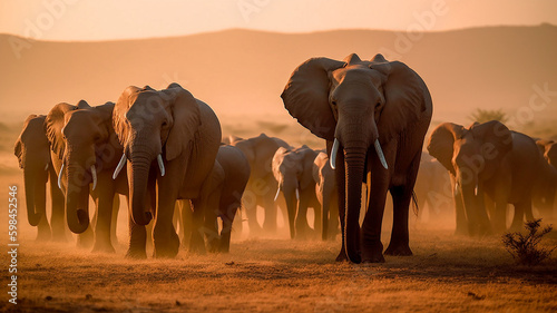 Herd of elephants in the African savannah. Generative AI