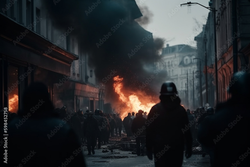 fictional looting or demonstration, robbery or theft, masked men on a street in a city commit violence with fire or a explosion and mass of people. Generative AI