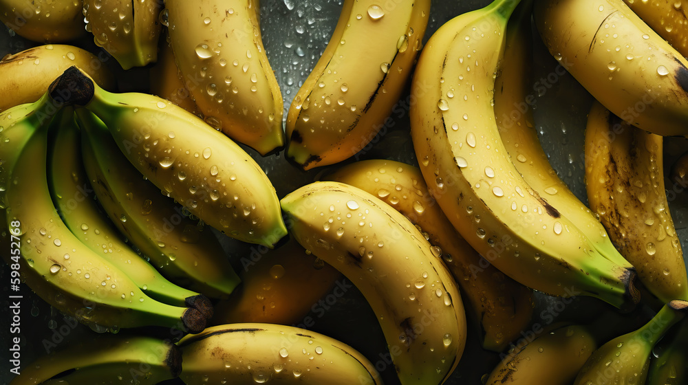 Fresh ripe bananas with water drops background. Fruits backdrop. Generative AI