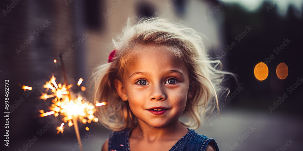 Happy child with sparkler celebrating the 4th of July, Independence Day, Memorial Day. Generative AI - obrazy, fototapety, plakaty 