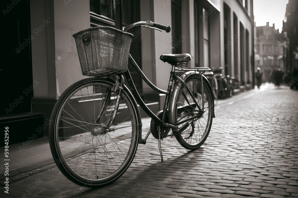 OLD BICYCLE WITH BASKET. ILLUSTRATION AI. HORIZONTAL. OLD BICYCLE WITH BASKET. ILLUSTRATION AI. HORIZONTAL.