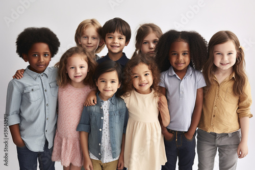 a group of children in a row next to each other, group photo front view. Generative AI