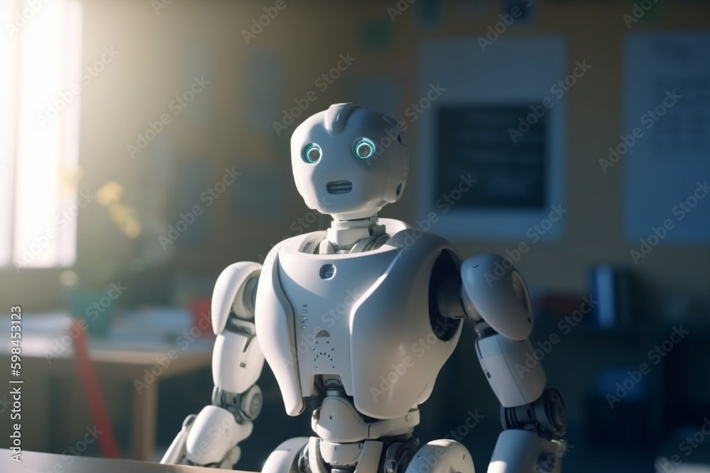 a robot is teacher or student, humanoid android with artificial intelligence. Generative AI a robot is teacher or student, humanoid android with artificial intelligence. Generative AI