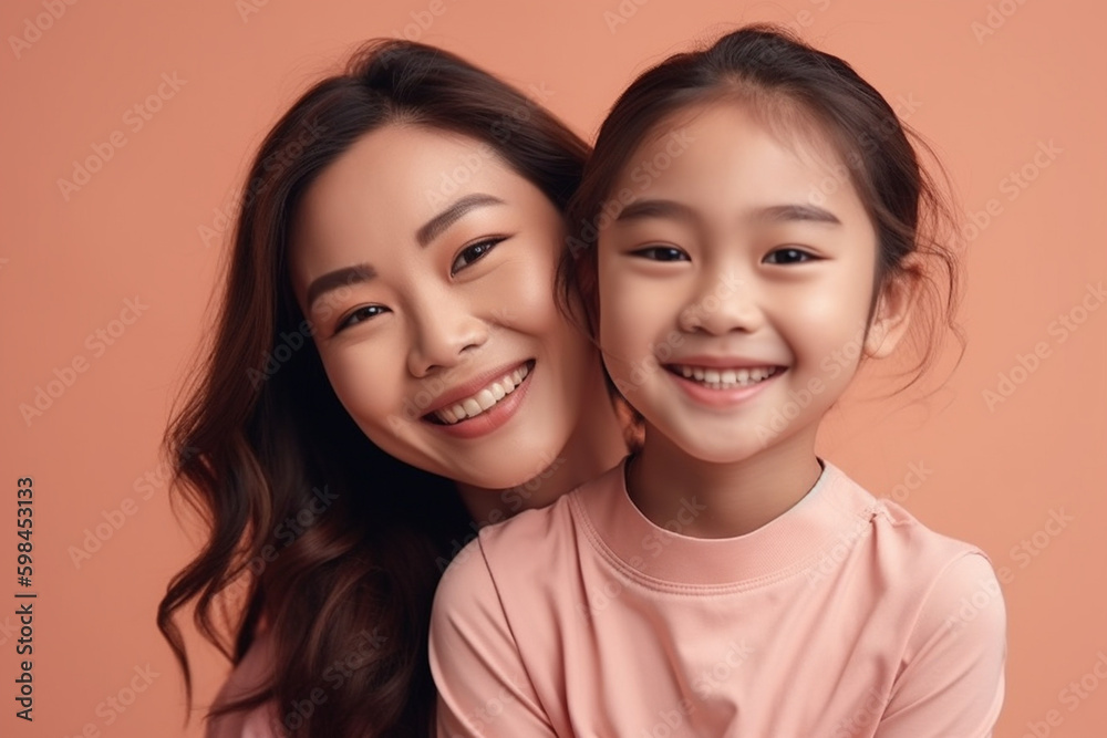 young adult woman is mother, little child girl, cute and sweet family, portrait closeup. Generative AI young adult woman is mother, little child girl, cute and sweet family, portrait closeup. Generative AI