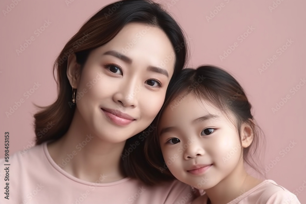 young adult woman is mother, little child girl, cute and sweet family, portrait closeup. Generative AI young adult woman is mother, little child girl, cute and sweet family, portrait closeup. Generative AI