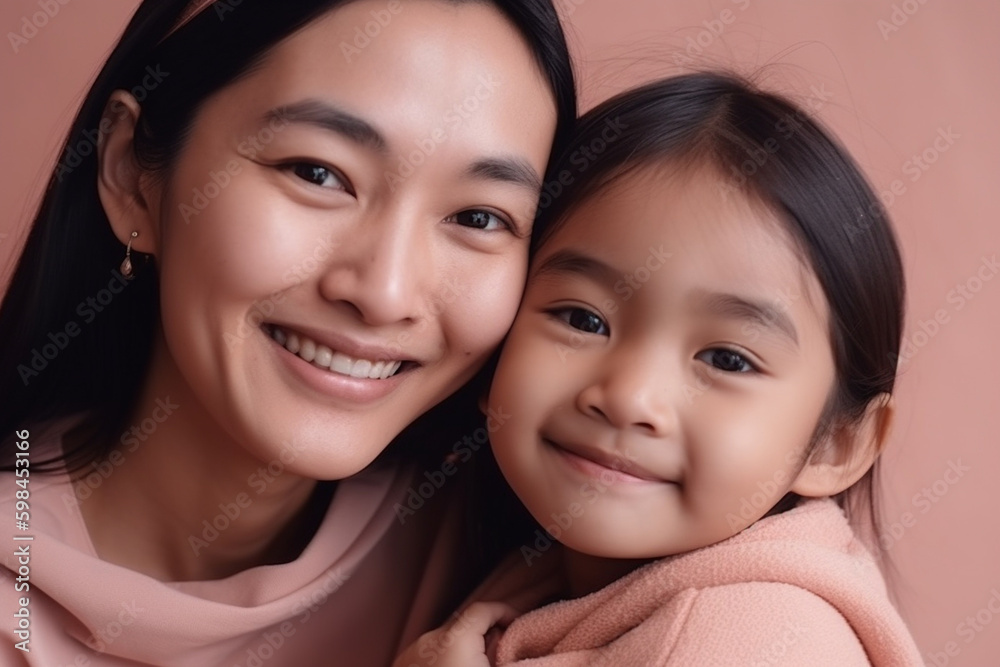 young adult woman is mother, little child girl, cute and sweet family, portrait closeup. Generative AI young adult woman is mother, little child girl, cute and sweet family, portrait closeup. Generative AI